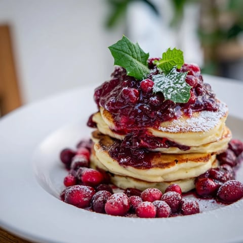 A beautiful Brunch Board with warm, fluffy pancake stacks, topped with vibrant berry holly for brunch.