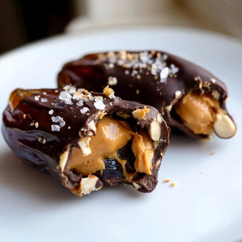 Melted chocolate enrobes Chocolate Date Snickers, a homemade snack bursting with peanut butter filling.