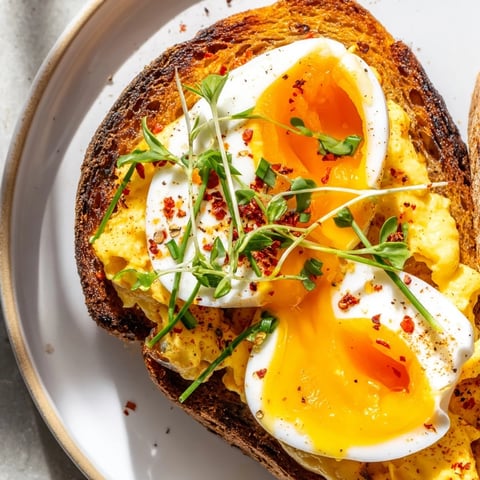 Golden toasted sourdough holds a vibrant Egg Flight Toast, showcasing three delightful egg preparations.