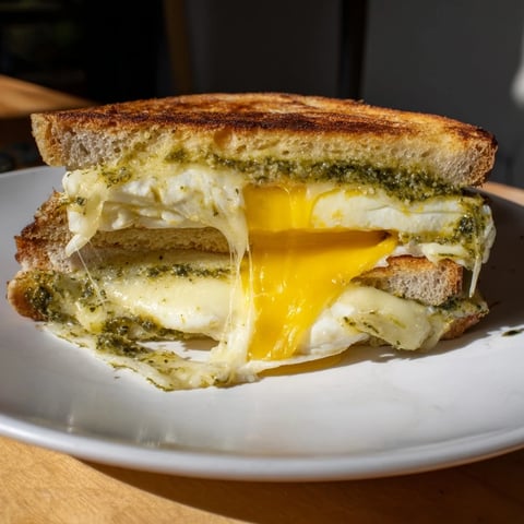 Golden, bubbly Pesto Egg Grilled Cheese with pesto-infused eggs oozing from melted mozzarella.