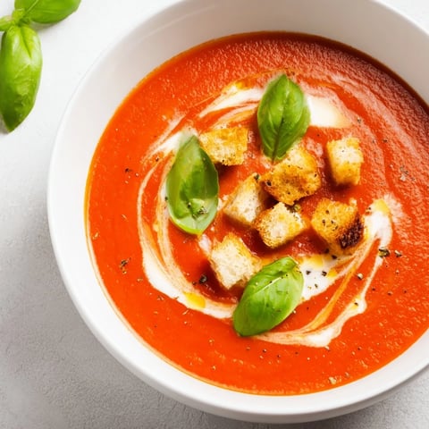 Creamy Roasted Garlic Tomato Soup, served hot, with fresh basil and golden croutons, smells divine.