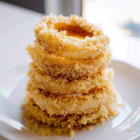 A towering plate of crispy onion ring perfection, ready for dipping and delicious bites.