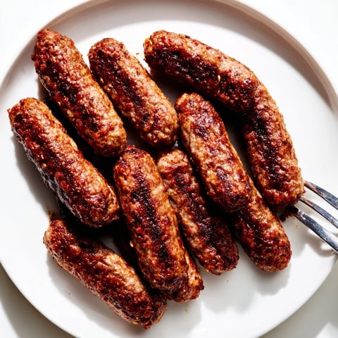 Grilled Romanian mici sausages, browned and sizzling, ready to be served with mustard.