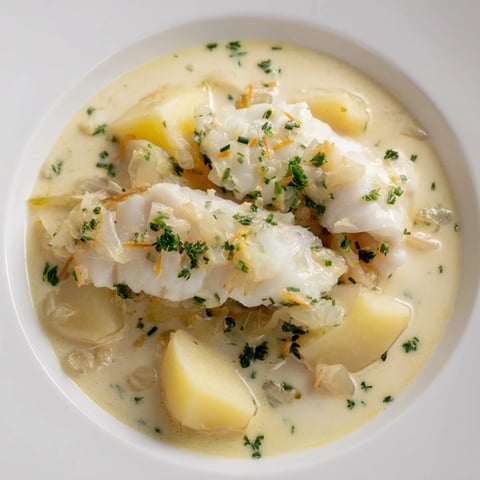 Steaming Icelandic Fish Stew simmering in a pot with chunks of tender potatoes and creamy sauce.