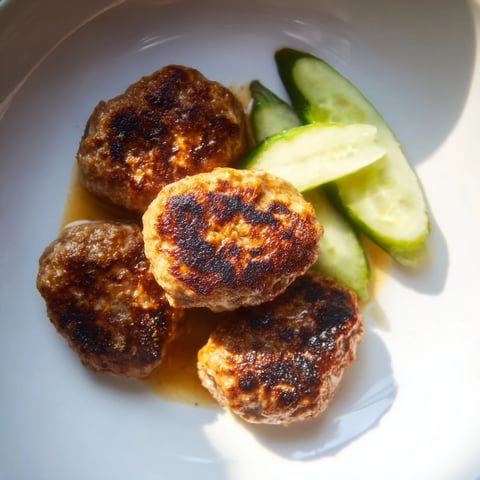 Golden-brown Danish Frikadeller meatballs, ready to serve with tangy pickles, a classic comfort food.