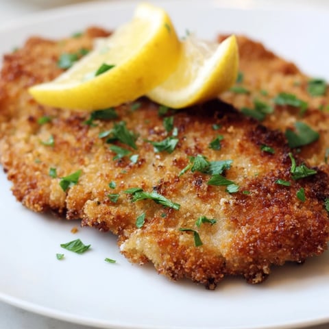 Golden-brown German schnitzel cutlets, crispy and delicious, ready to be served with lemon wedges.
