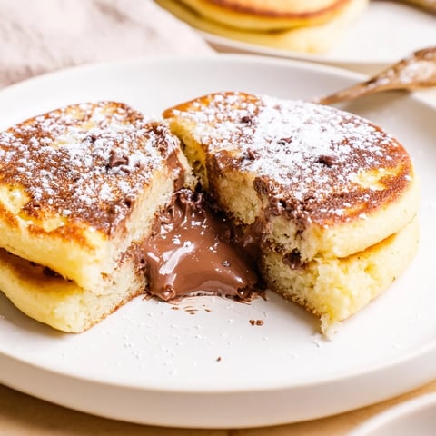 Golden-brown Nutella Stuffed Pancakes dusted with powdered sugar, served warm with fresh berries for a decadent breakfast.