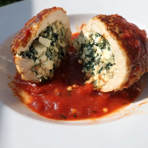 Golden-brown baked Spinach Ricotta Stuffed Chicken breasts simmering in rich, chunky tomato sauce on a white plate.