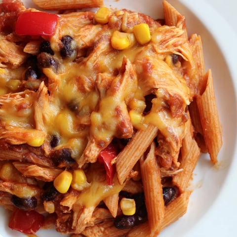 Golden Chicken Enchilada Pasta with melted cheddar and Monterey Jack cheese, served steaming hot from the skillet.