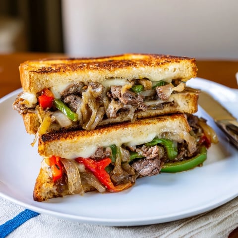 Melty Philly Cheesesteak Grilled Cheese sandwiches on golden sourdough, packed with steak, peppers, and onions.  