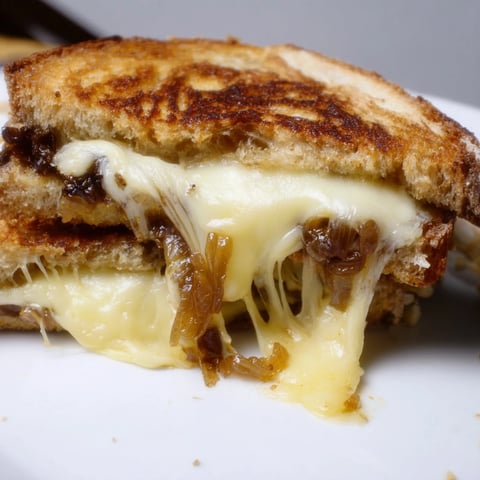 Golden slices of Caramelized Onion & Gruyère Grilled Cheese ooze melted cheese from crispy country bread.  