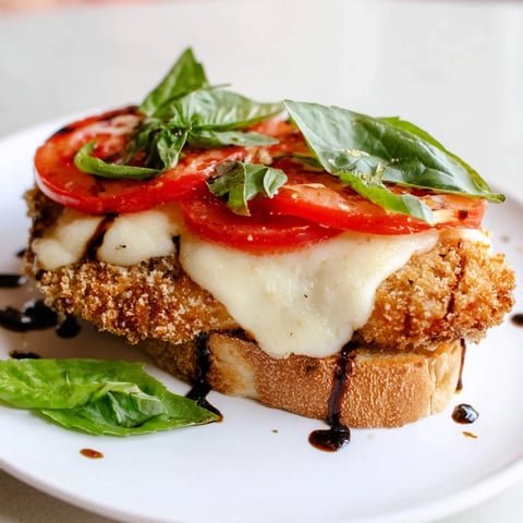 Golden, breaded chicken breasts topped with melted mozzarella, fresh basil, and ripe tomato slices on toasted ciabatta for a Crispy Chicken Caprese Sandwich.
