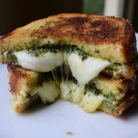 Golden sourdough slices, thick and crusty, are grilled until crisp, stuffed with melted mozzarella, fontina, and sharp white cheddar, and layered with fragrant basil pesto for a gourmet twist on the classic comfort food.