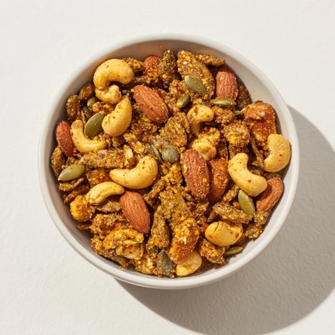 Golden toasted almonds, cashews, and walnuts in a Spiced Nuts and Seeds Mix, glistening with olive oil and maple syrup.