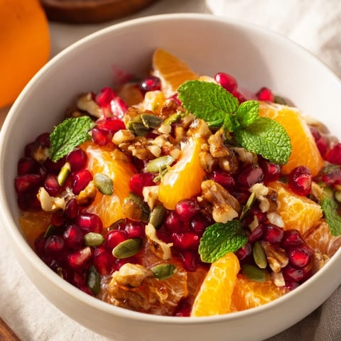 The finished Pomegranate and Walnut Salad showcases ruby-red seeds and toasted nuts over crisp apple and pear slices.  