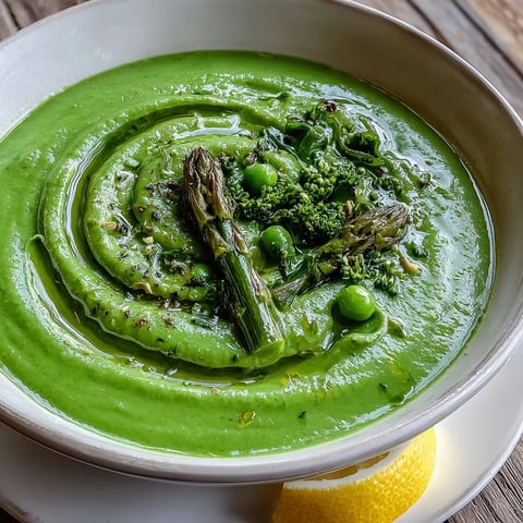 Creamy bright green Big Green Immunity-Boosting Vegetable Soup in a rustic bowl with lemon wedge and olive oil drizzle.