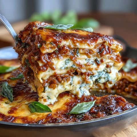 Golden, bubbly mozzarella tops a single-pan One-Pan Smoky Veggie Lentil Lasagne garnished with fresh basil.
