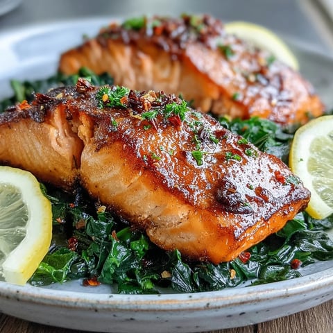 Crispy-skinned Air Fryer Salmon fillets rest atop tender, garlicky Swiss chard, with lemon wedges on the side.