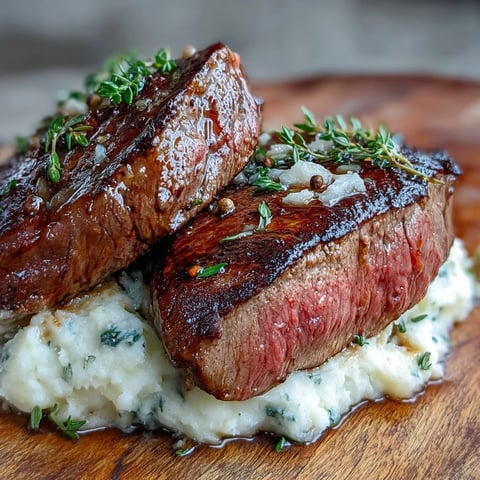 Golden pan-seared venison steaks rest on creamy caraway crushed swede, garnished with fresh thyme for a hearty main dish.