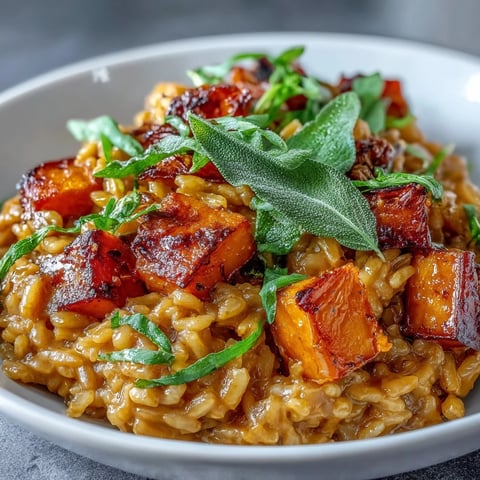 A close-up of creamy Vegan Pumpkin Risotto topped with golden roasted pumpkin cubes and crispy sage leaves.