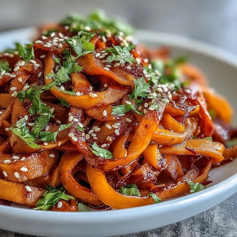 Roasted swede ribbons and rice noodles coated in spicy gochujang dressing, garnished with sesame seeds.