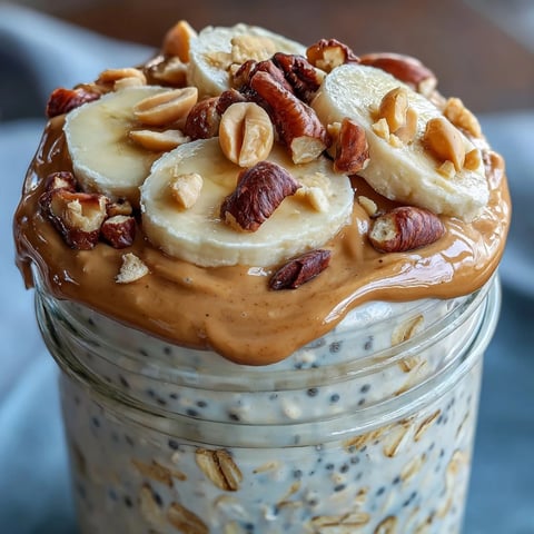 Overnight oats with peanut butter and a protein boost, served in a jar with banana slices.