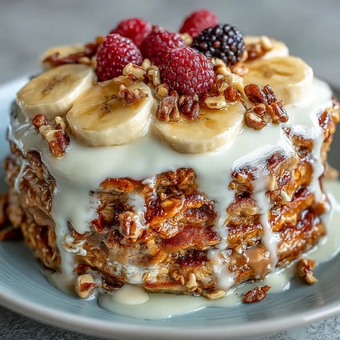 Warm Protein Pancake Bowl topped with creamy Greek yogurt, sliced bananas, and fresh berries.