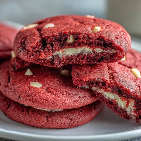 Freshly baked Pink Velvet Cookies with creamy white chocolate chips on a cooling rack.