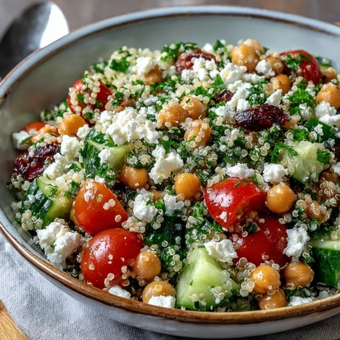 Bright High Protein Quinoa & Chickpea Salad in a white bowl, featuring fluffy quinoa, cherry tomatoes, cucumber, crumbled feta, and fresh herbs, drizzled with lemony olive oil.