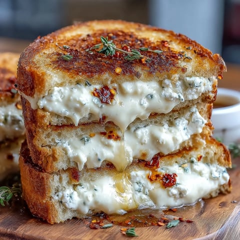 Golden-brown sourdough sandwiches oozing with creamy goat cheese, drizzled with honey and sprinkled with chili flakes on a rustic wooden board.