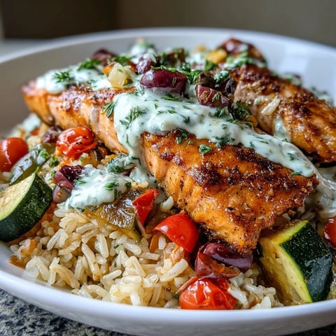 A close-up of the Crispy Rice Salmon Bowl, featuring golden-brown rice, flaky pan-seared salmon, and colorful Mediterranean vegetables with a creamy lemon-yogurt drizzle.