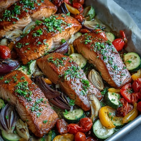 Golden-brown roasted salmon fillets and colorful vegetables like bell peppers and zucchini on a sheet pan, garnished with parsley and lemon wedges.