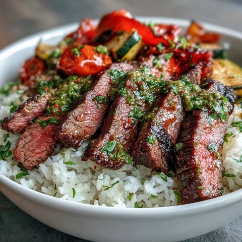 Juicy grilled steak slices rest atop fluffy white rice and roasted veggies, all drenched in fresh chimichurri sauce.  