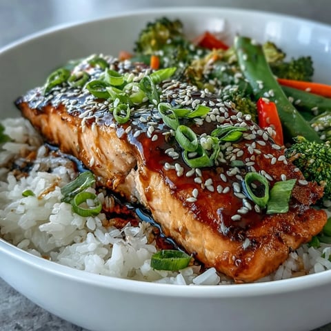 A close-up of a vibrant Teriyaki Salmon Bowl featuring glistening glazed salmon, fluffy rice, and colorful stir-fried vegetables like bell peppers and broccoli.