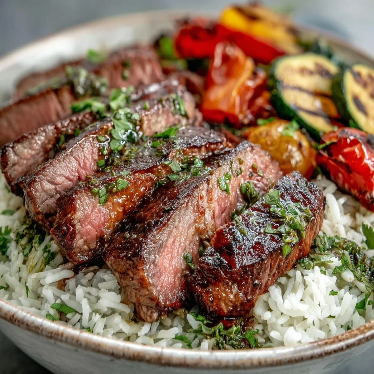 Golden-brown steak and roasted bell peppers on a sheet pan, ready to be served over fluffy rice for a Sheet Pan Steak and Veggie Bowl.