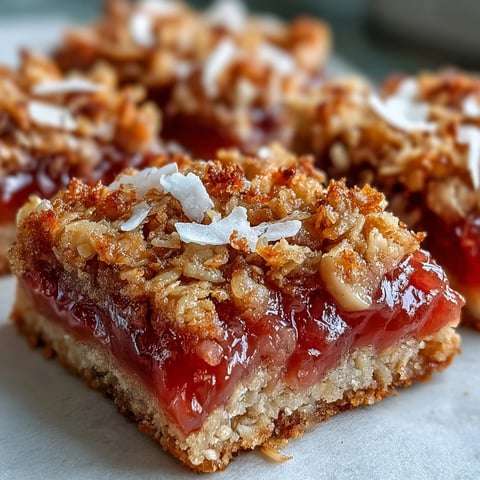 Freshly baked Guava Jam Bars with coconut macadamia oat crumble on a wooden cutting board, ready to serve.