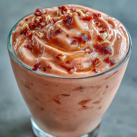 Creamy guava juice smoothie blended with Greek yogurt and frozen fruit served chilled in a tall glass.