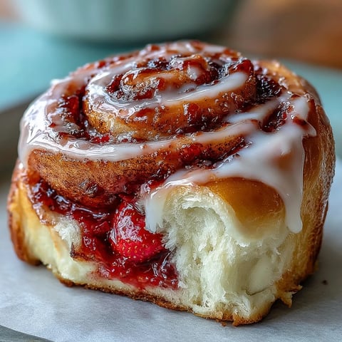 Freshly baked Strawberry Cinnamon Rolls with a gooey pink filling and drizzled cream cheese glaze on a rustic plate.