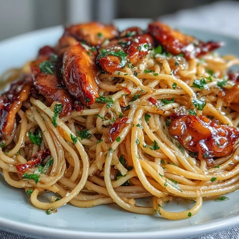 Fork-tender Sticky Honey Garlic Chicken Pasta twirled in a glossy, sweet and spicy sauce with melted Parmesan.