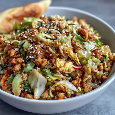 Sizzling ground chicken and crisp cabbage in a skillet, making the easy Crispy Chicken Fried Rice with Egg Roll Flavors for dinner.