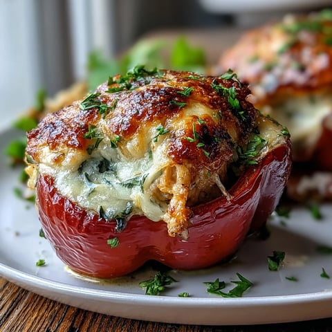 Golden-brown Garlic Parmesan Chicken Stuffed Peppers with melted mozzarella, served fresh from the oven.
