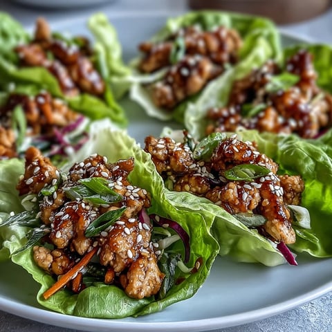 Golden-brown ground chicken with crispy, caramelized edges mounded in fresh Bibb lettuce boats.
