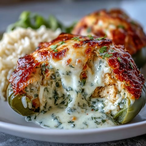 Golden-brown bell peppers are filled with creamy Garlic Parmesan Chicken Stuffed Peppers and bubbling cheese.