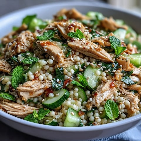 Vibrant Asian sesame chicken couscous salad with tender pearl couscous, shredded rotisserie chicken, crisp cucumber, and fresh herbs in a savory sesame-soy dressing.