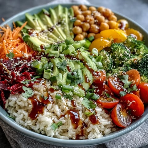 Rainbow Veggie Buddha Bowl with Sesame Ginger Dressing: colorful bowl packed with fresh vegetables, grains, and zesty dressing, perfect for healthy vegan meals.  