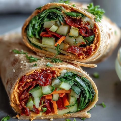 A colorful vegan wrap filled with creamy sun-dried tomato hummus, crisp veggies, and fresh herbs in a whole wheat tortilla.