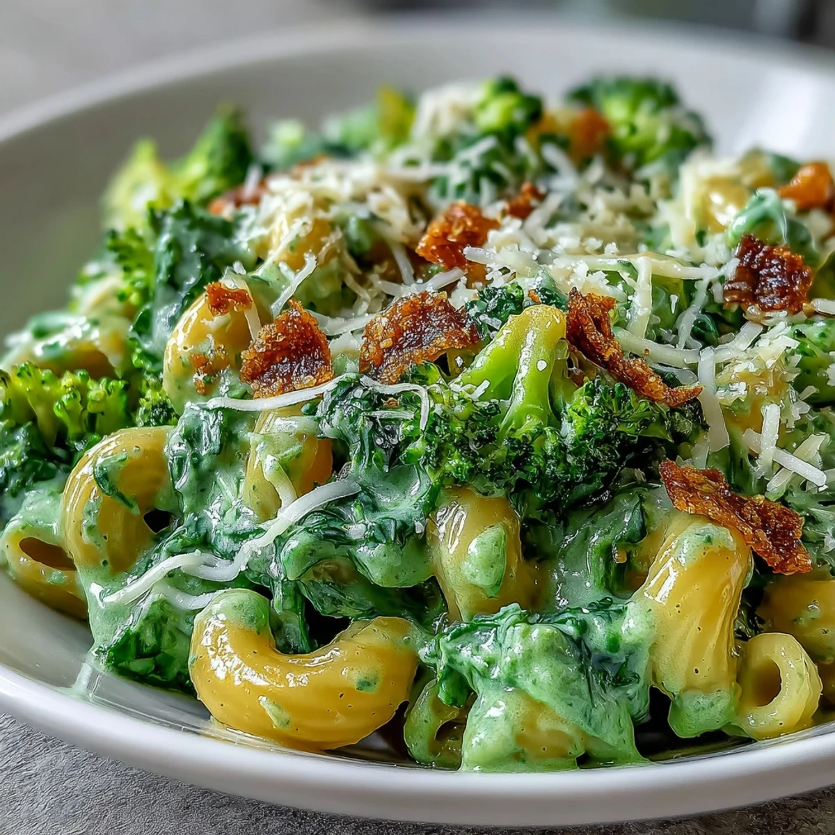 Creamy green mac and cheese with spinach and broccoli, baked to golden perfection and topped with fresh parsley.  