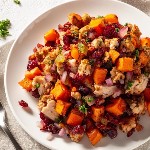 Warm Rustic Skillet Turkey and Cranberry Hash featuring sweet potatoes and burst cranberries.  