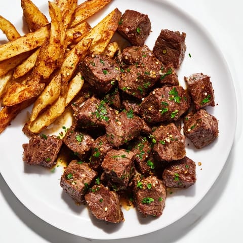 Close-up of perfectly seared Blackened Cajun Steak Bites, garnished with parsley, alongside a pile of fries.
