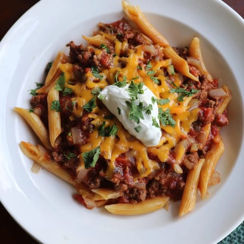 A close-up of Easy Beef Enchilada Pasta, perfectly showcasing the sauce and pasta.